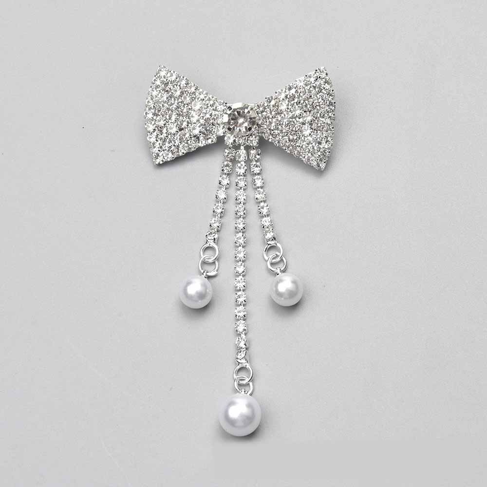 JFRA012 Cute Silver Plated Welding Glass Rhinestone Bow Brooches Crystal Pearl Tassel Lapel Pin Women Jewelry Birthday Gifts