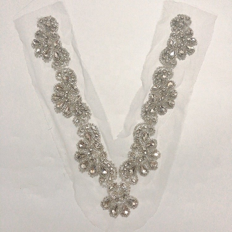 Bridal dress V neck mesh lace collar rhinestone beaded applique sew on LT2708A