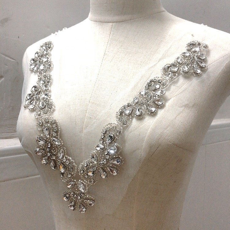 Bridal dress V neck mesh lace collar rhinestone beaded applique sew on LT2708A