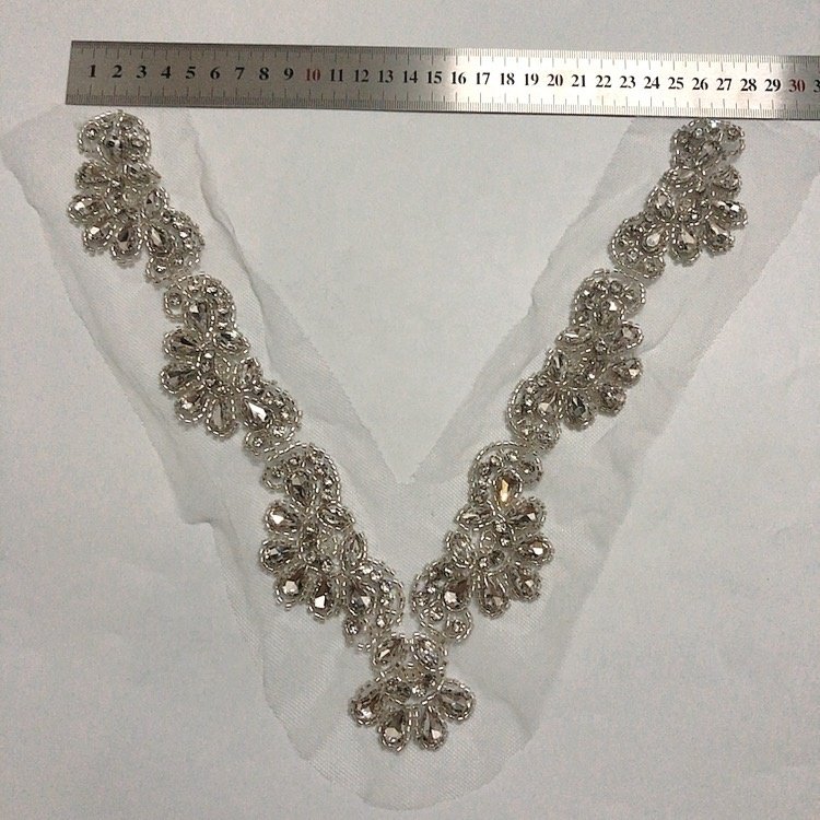 Bridal dress V neck mesh lace collar rhinestone beaded applique sew on LT2708A