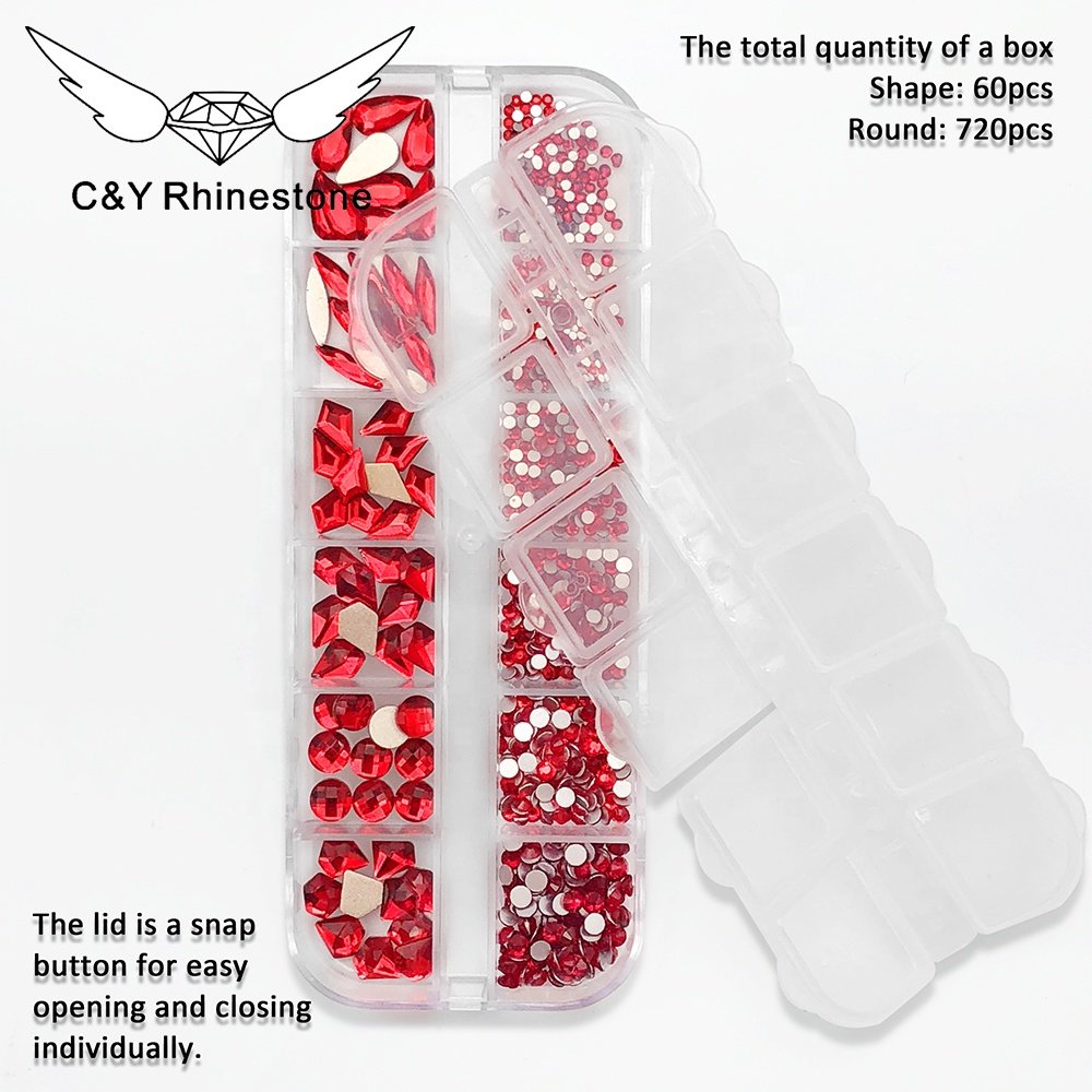 CY Mix Size Nails Art Crystal Cristal Decoration Red Flat Back Rhinestone Set Kits Stone For Nail