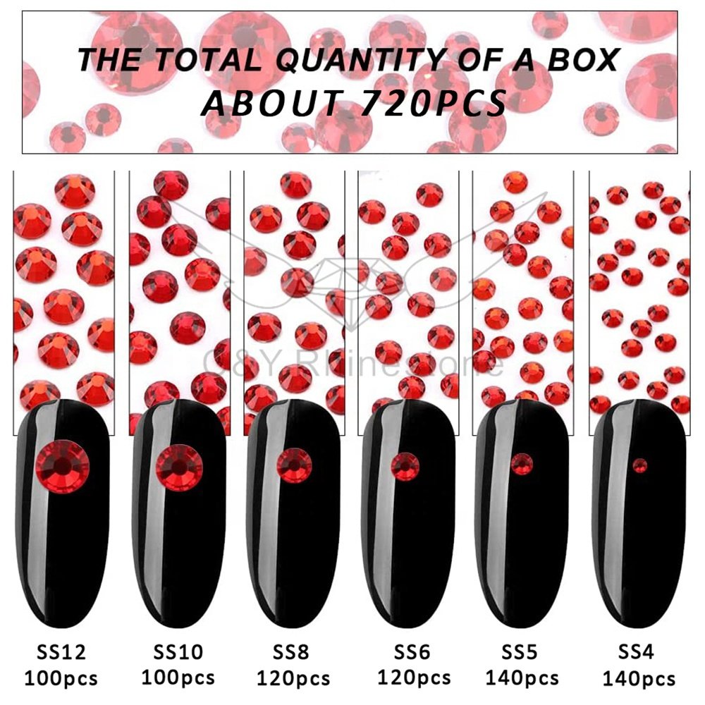 CY Mix Size Nails Art Crystal Cristal Decoration Red Flat Back Rhinestone Set Kits Stone For Nail
