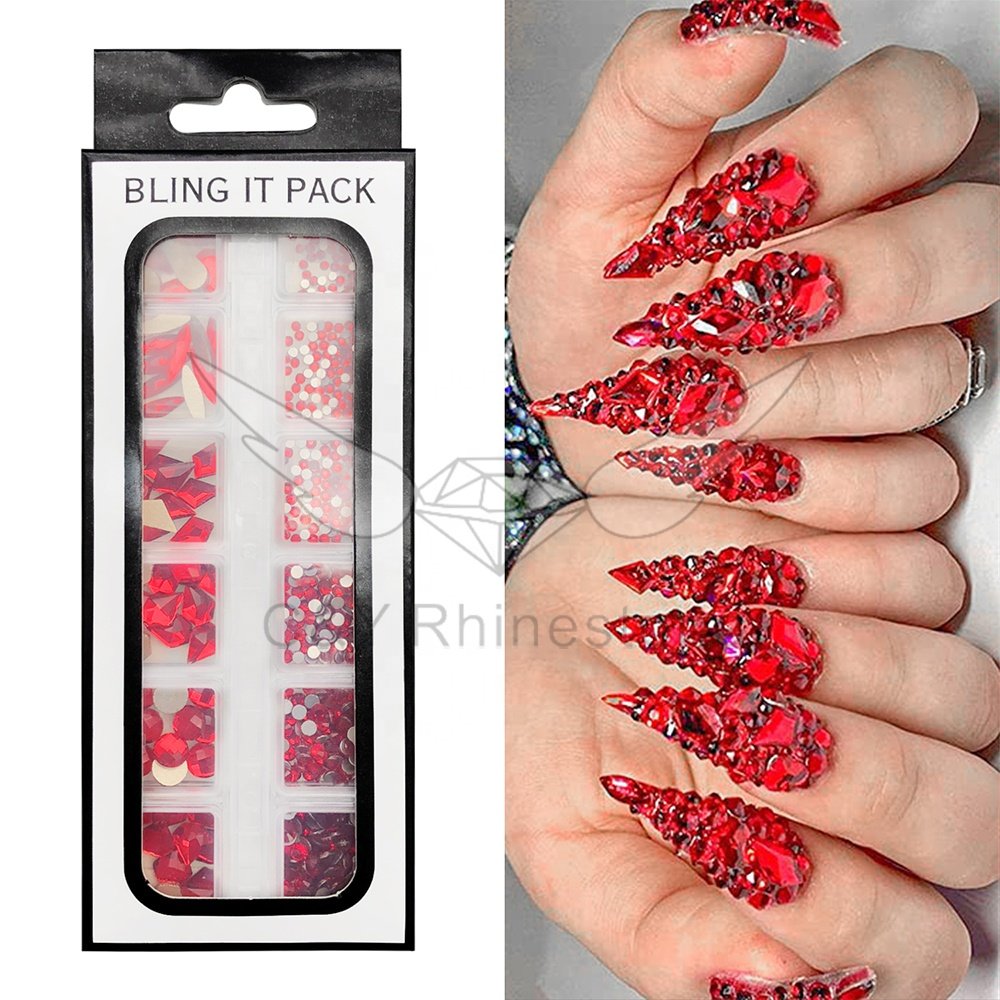 CY Mix Size Nails Art Crystal Cristal Decoration Red Flat Back Rhinestone Set Kits Stone For Nail