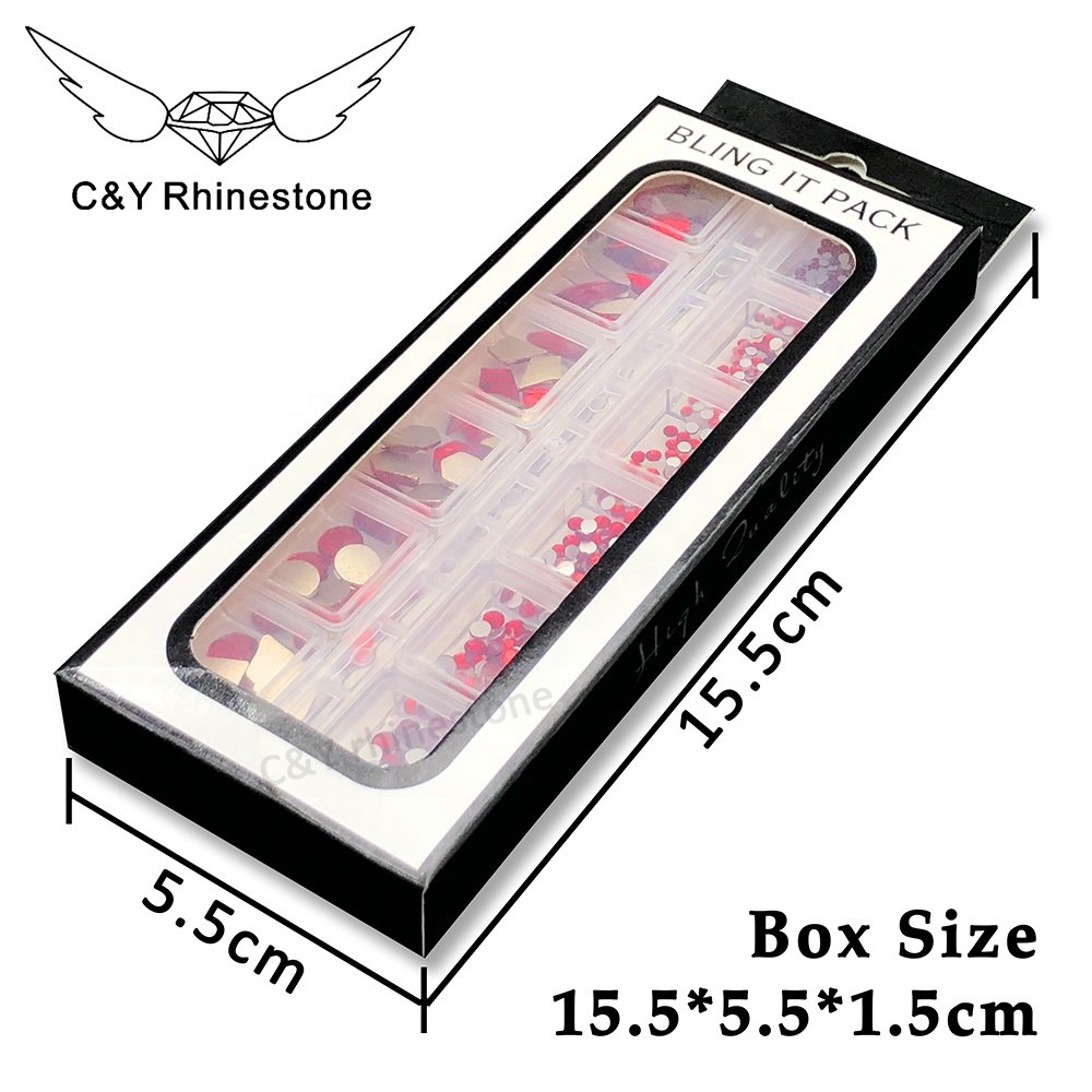 CY Mix Size Nails Art Crystal Cristal Decoration Red Flat Back Rhinestone Set Kits Stone For Nail