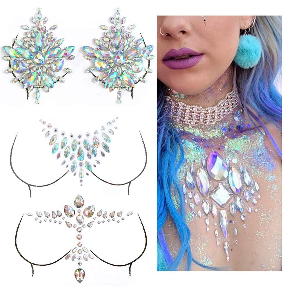 Breast Jewel Sticker Chest Gem Glitter Rhinestone Temporary Tattoo Decoration Jewels Body Art Decor Paste for Crystal Festival