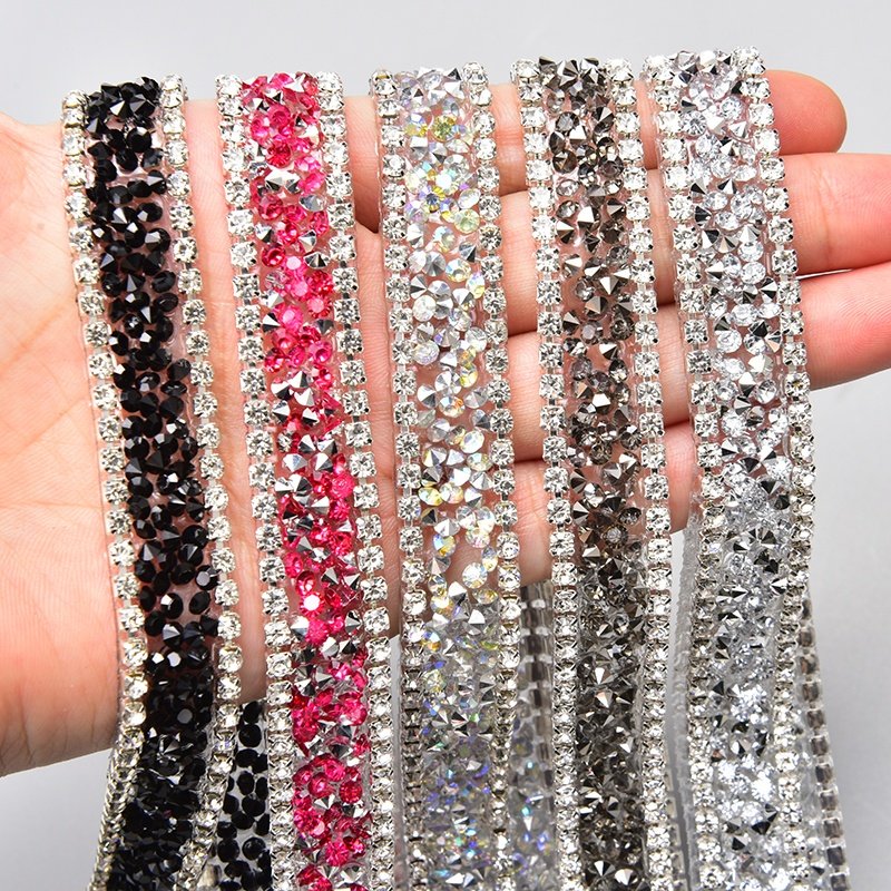 1.5cm Hot Fix Resin Rhinestone Tape Trim Bling Strass Crystal Chain Ribbon Strip Iron on Wedding Dress Belt Shoes Bags