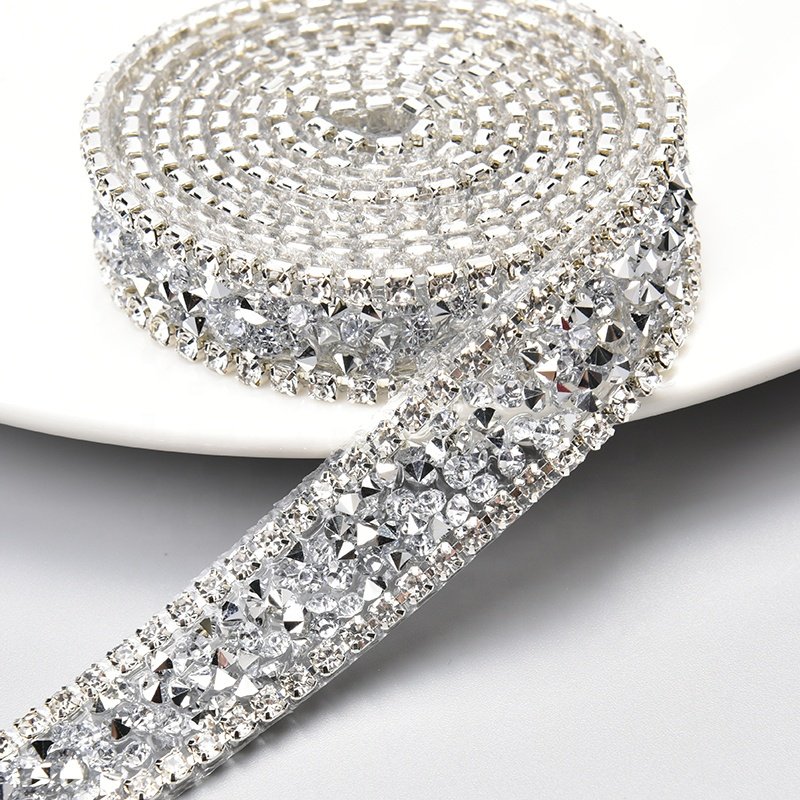 1.5cm Hot Fix Resin Rhinestone Tape Trim Bling Strass Crystal Chain Ribbon Strip Iron on Wedding Dress Belt Shoes Bags
