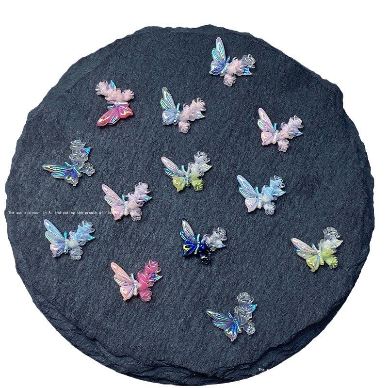 Factory Wholesale Neon Resin Butterfly Nail Accessories Glow In Dark Butterfly Nail Rhinestone Decorations