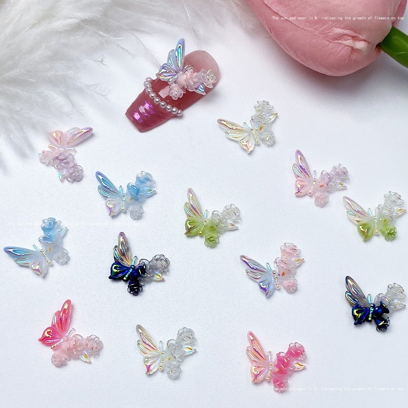 Factory Wholesale Neon Resin Butterfly Nail Accessories Glow In Dark Butterfly Nail Rhinestone Decorations