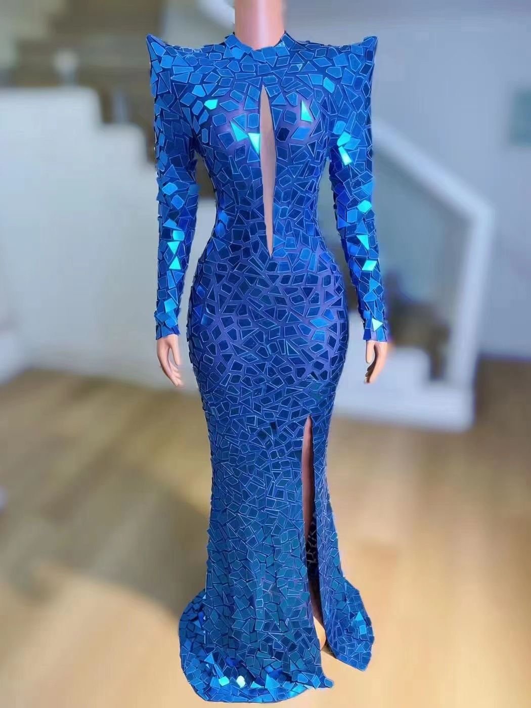 LIANMENG AB759 Long Dress Bodycon Pendant Hem Women's Diamond Clear Rhinestone Clubwear Bandage Mirror Evening Dress