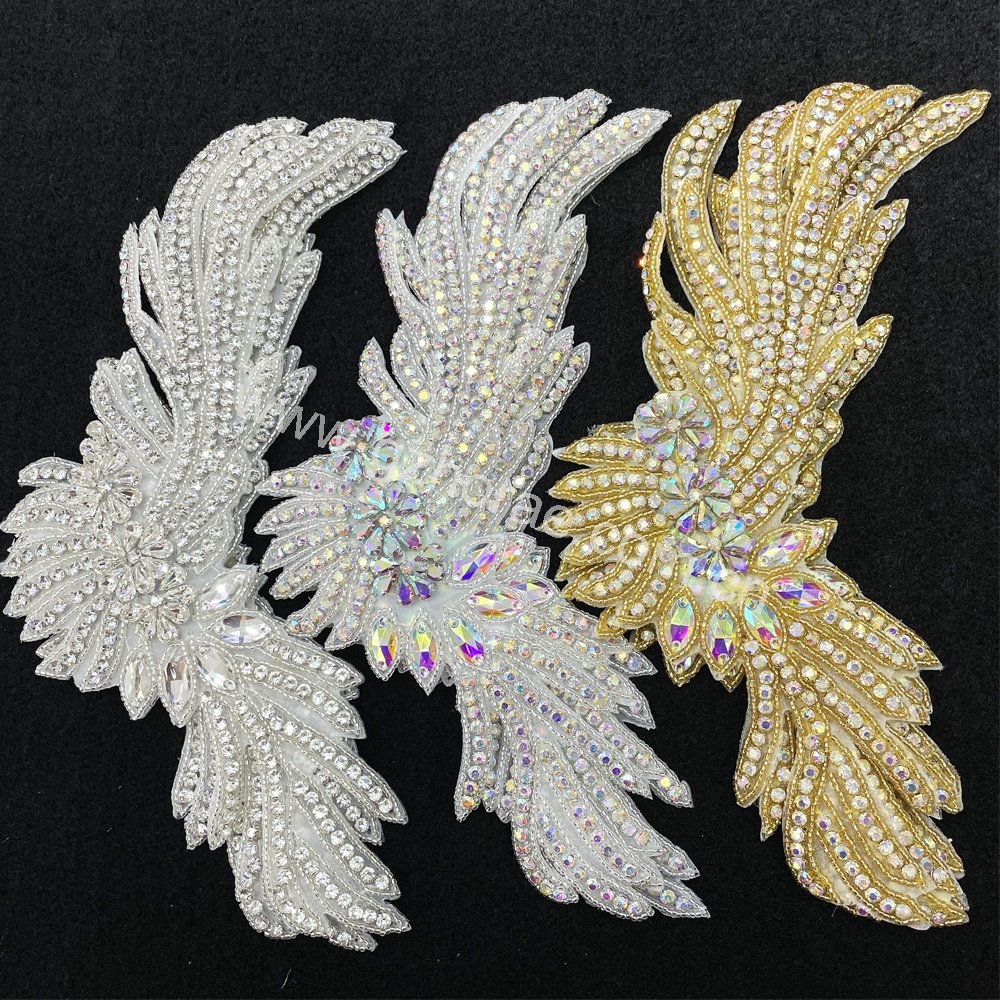 PE057 Custom sparkling 3d rhinestone applique bodice crystal bridal applique for dress