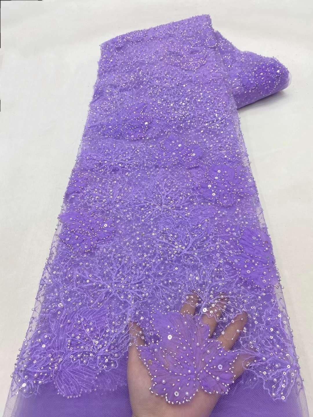 High quality rhinestones beaded lace fabric