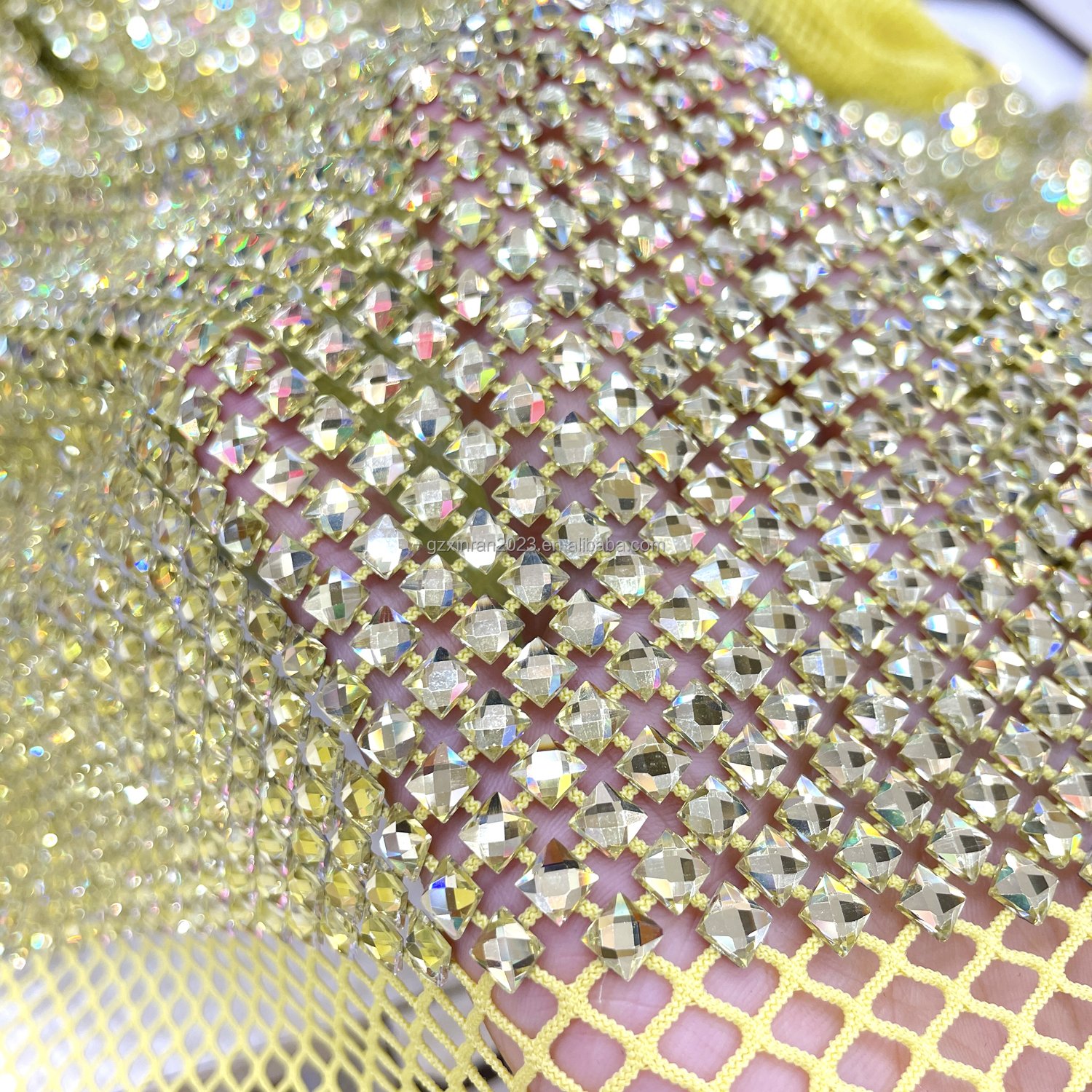 SH008 wholesale Yellow Crystal Elastic Net Mesh Fabric Inlaid Square Rhinestones for Sewing Clothes