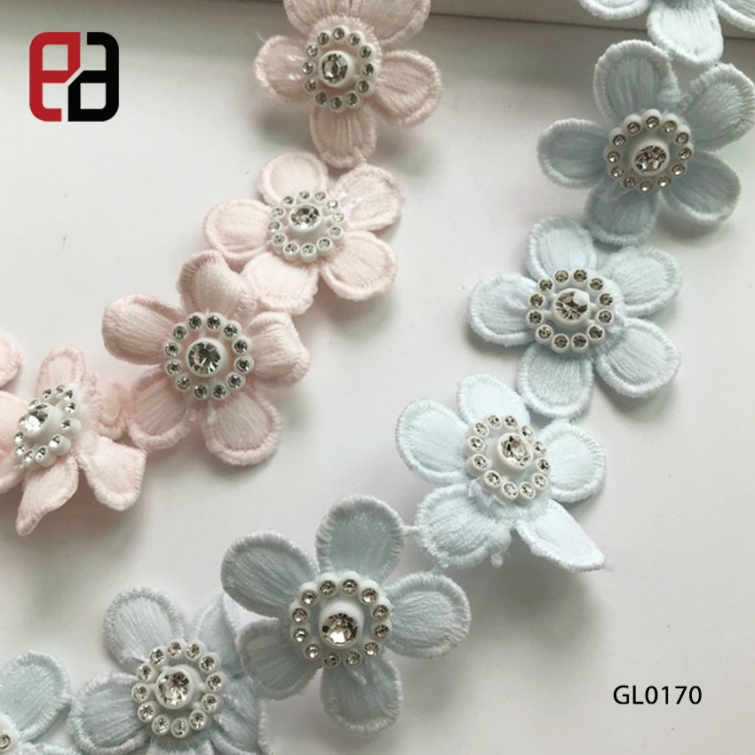Wholesale 3D Flower Guipiure Lace Trimming With Rhinestone