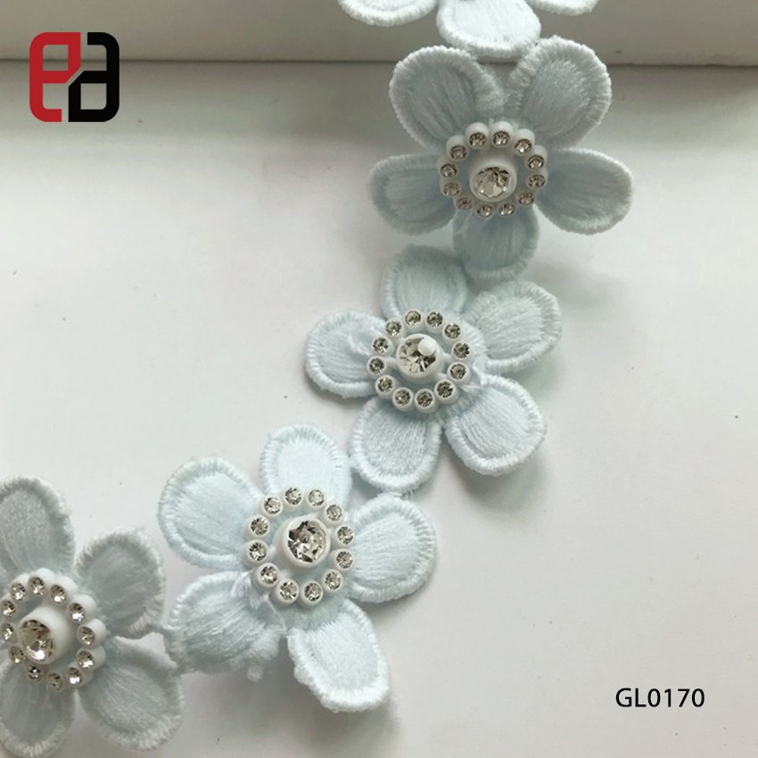 Wholesale 3D Flower Guipiure Lace Trimming With Rhinestone