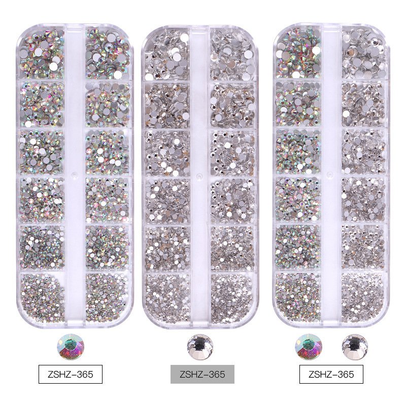 12Girds Shine AB Transparent Crystal Nail Art Rhinestones Dazzling Glass Gem Flatback Round Bead Nail Art Charms Gem Stones
