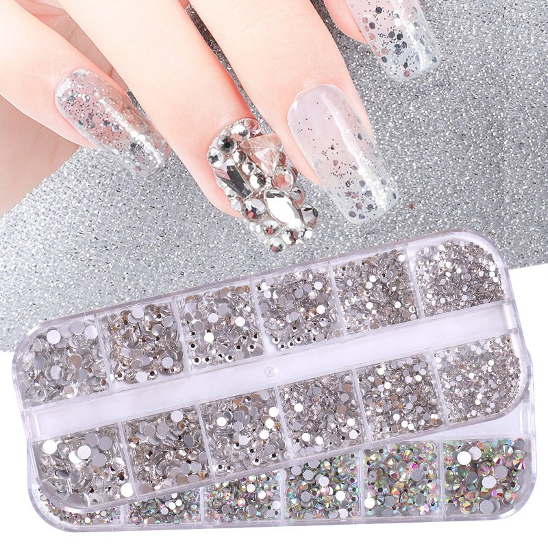 12Girds Shine AB Transparent Crystal Nail Art Rhinestones Dazzling Glass Gem Flatback Round Bead Nail Art Charms Gem Stones