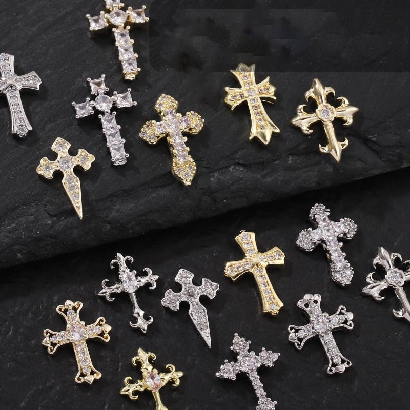 Retro Cross Nail Charm Alloy Rhinestones Cross Charms Punk Gothic Nail Art Supplies for Acrylic Nail Decoration