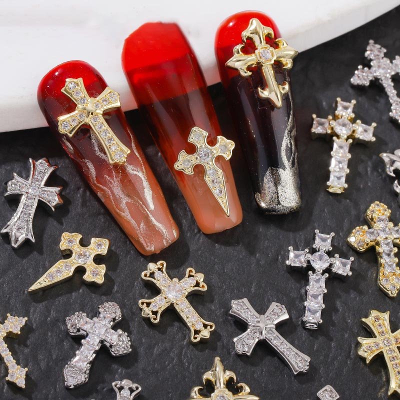 Retro Cross Nail Charm Alloy Rhinestones Cross Charms Punk Gothic Nail Art Supplies for Acrylic Nail Decoration
