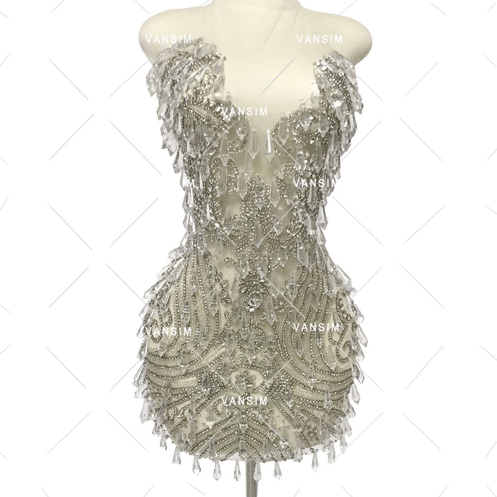 Factory Supplier Shiny Dangle Crystal big stone Beading Bodice Rhinestone Applique Big Bridal Applique Patch For Bridal