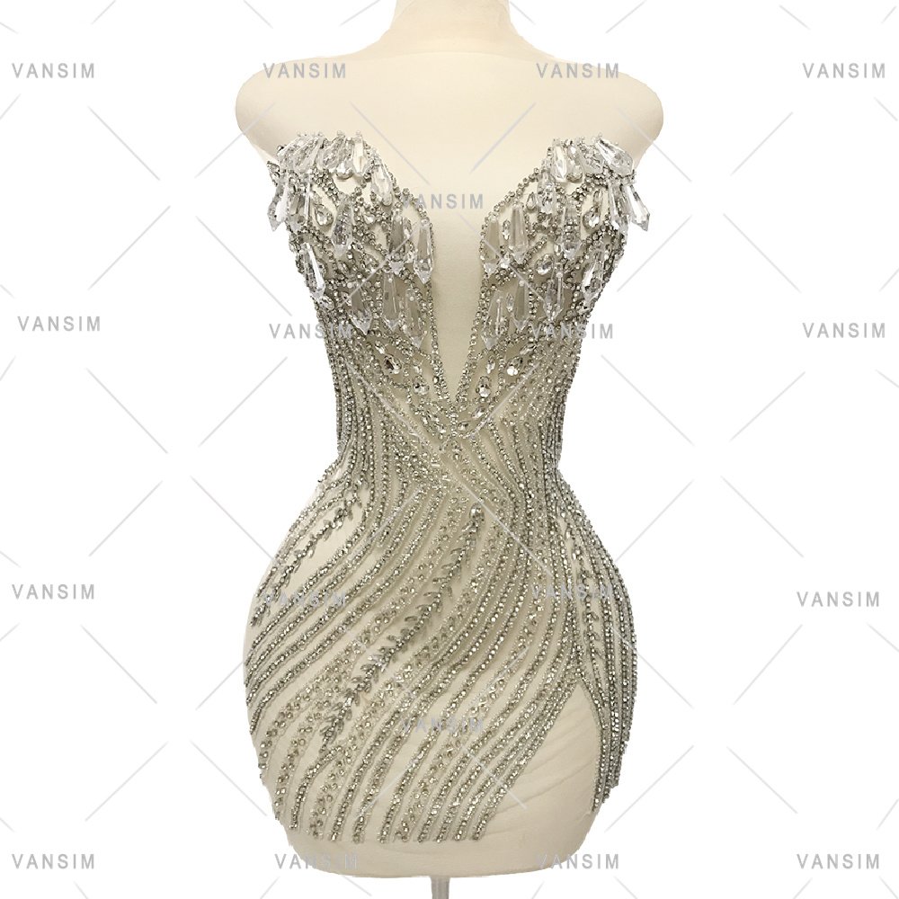 Factory Supplier Shiny Dangle Crystal big stone Beading Bodice Rhinestone Applique Big Bridal Applique Patch For Bridal