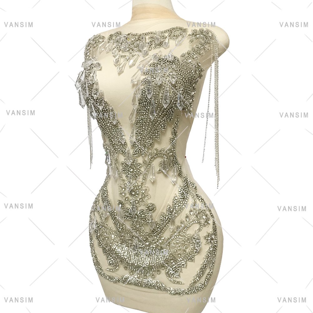Factory Supplier Shiny Dangle Crystal big stone Beading Bodice Rhinestone Applique Big Bridal Applique Patch For Bridal