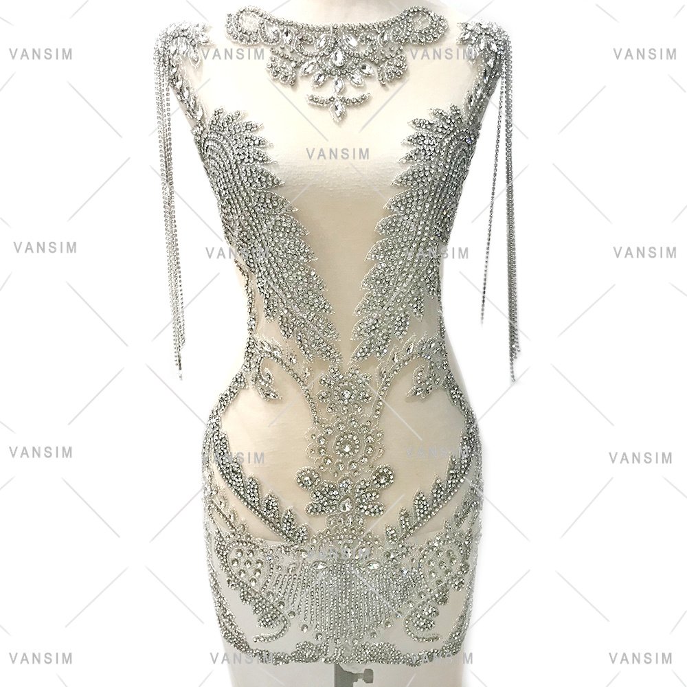 Factory Supplier Shiny Dangle Crystal big stone Beading Bodice Rhinestone Applique Big Bridal Applique Patch For Bridal