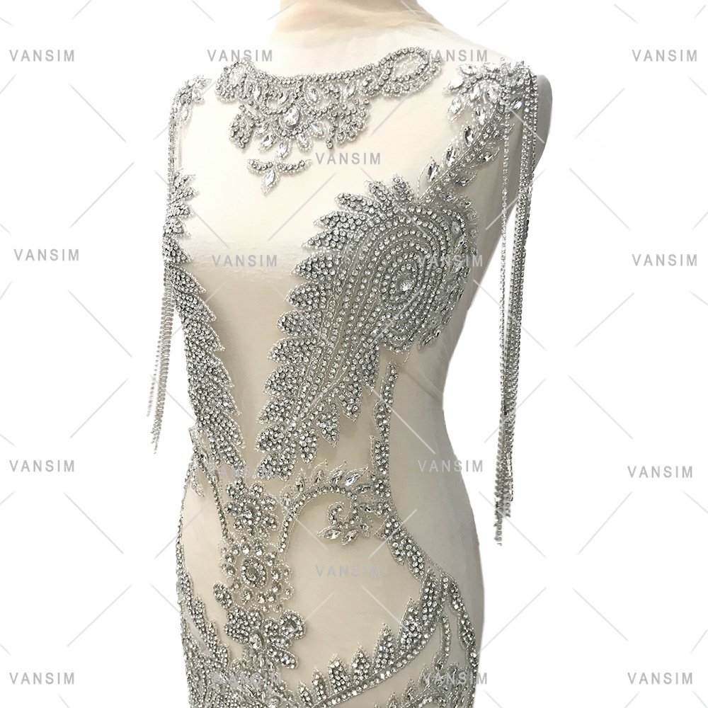 Factory Supplier Shiny Dangle Crystal big stone Beading Bodice Rhinestone Applique Big Bridal Applique Patch For Bridal