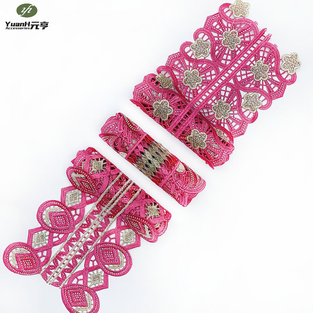 Latest 15cm pink guipure lace trim embroidery polyester rhinestone trimming for African garment accessory