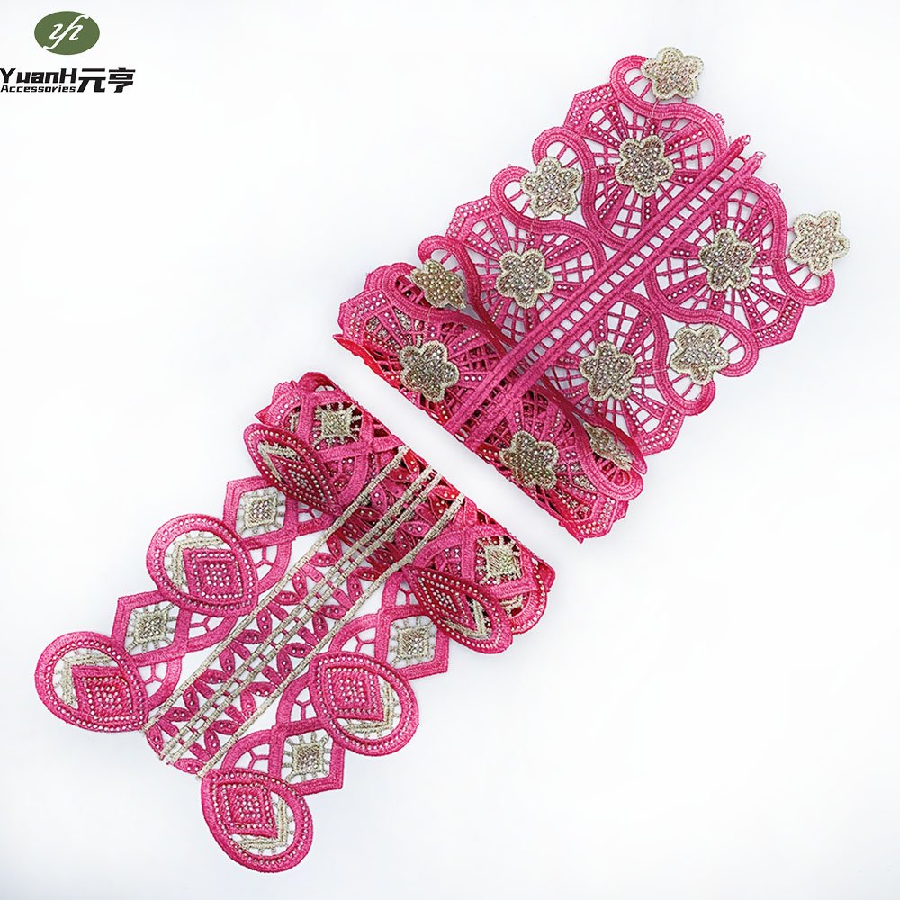 Latest 15cm pink guipure lace trim embroidery polyester rhinestone trimming for African garment accessory