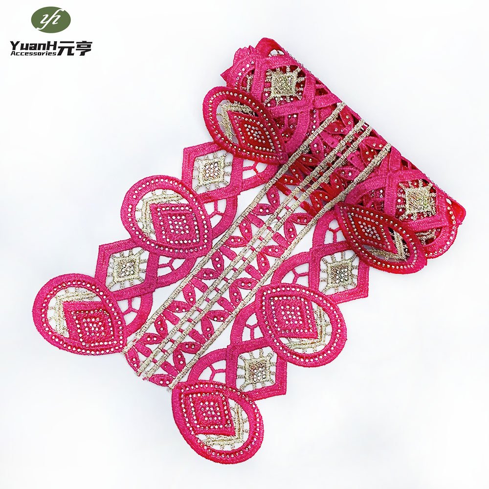 Latest 15cm pink guipure lace trim embroidery polyester rhinestone trimming for African garment accessory