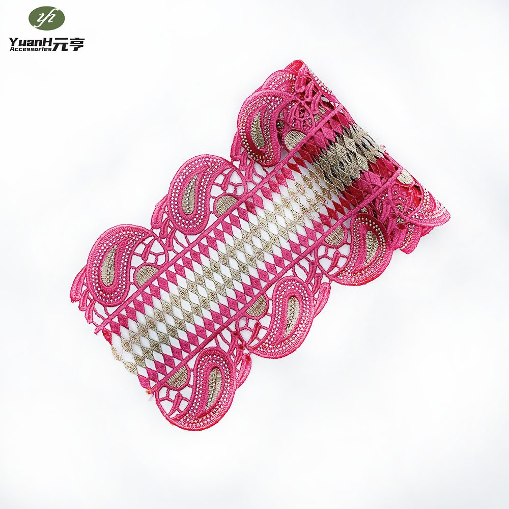 Latest 15cm pink guipure lace trim embroidery polyester rhinestone trimming for African garment accessory