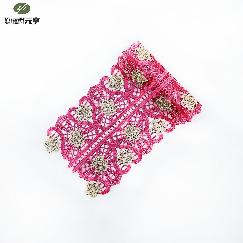 Latest 15cm pink guipure lace trim embroidery polyester rhinestone trimming for African garment accessory