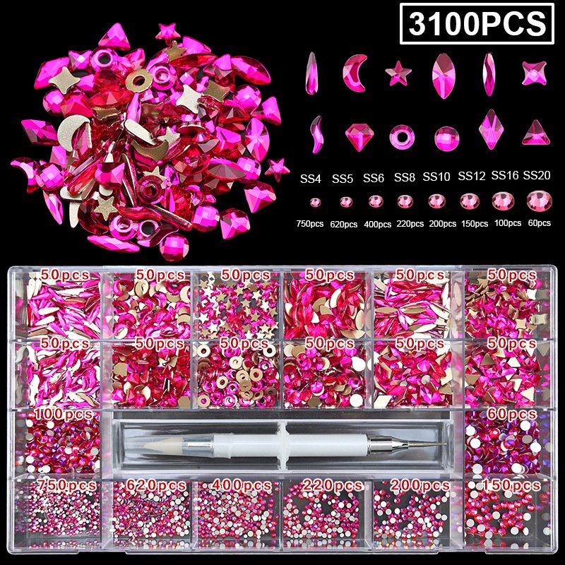 1850/2800/3100PCS/Box Hight Quality Multi Shape Glass Crystal Pink AB Rhinestone Flatback Nail Art Fancy Rhinestone Set Kit