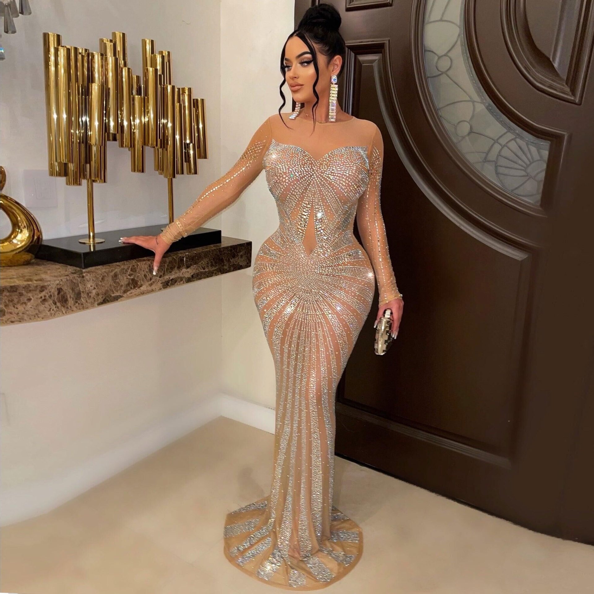 Summer Trending Dresses For Women Rhinestone Sleeveless Long Maxi Dress Ladies Elegant Club Party Even Gown Diamond Dresses