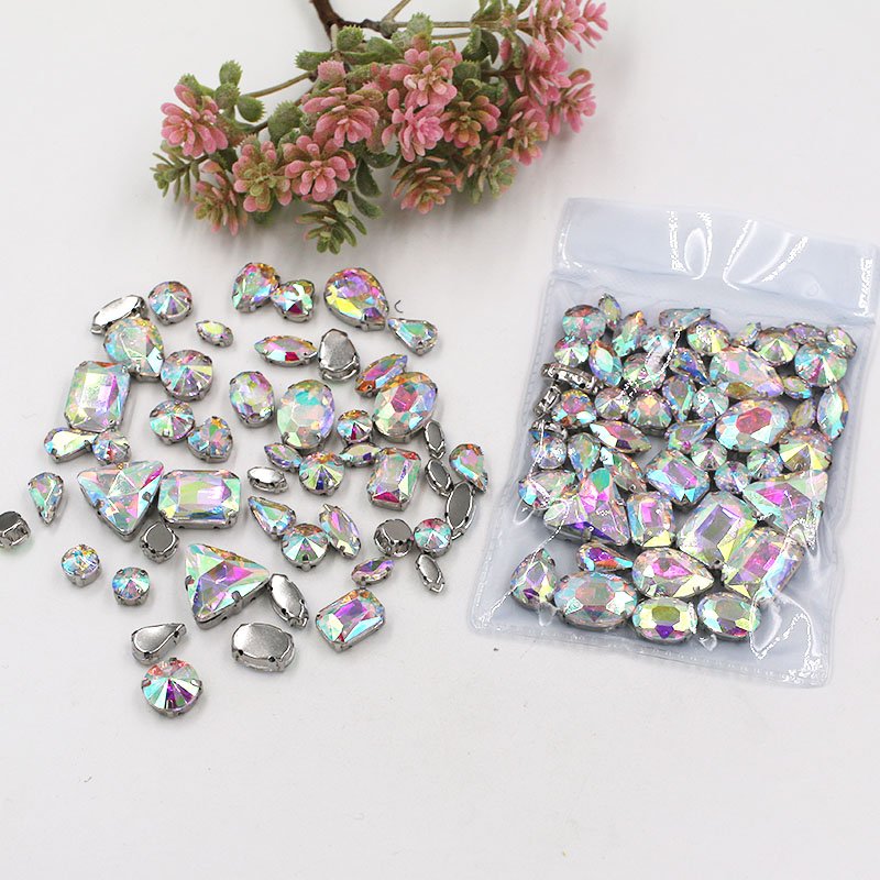 Mixed Color AB Mixed Shapes Crystal Sew On Rhinestones With Silver Setting For Garment