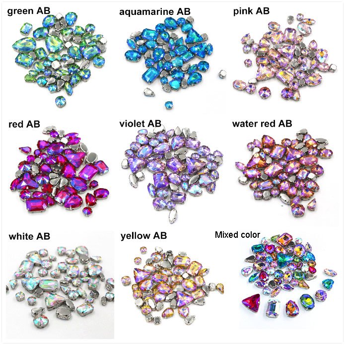 Mixed Color AB Mixed Shapes Crystal Sew On Rhinestones With Silver Setting For Garment