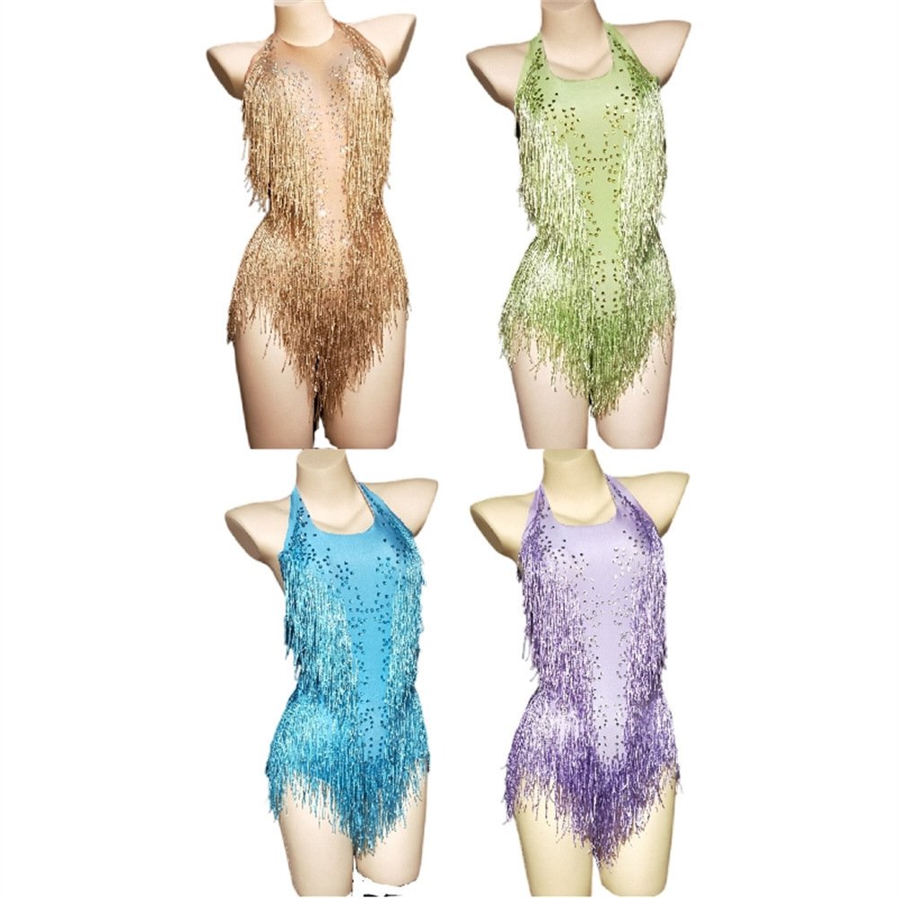 2024 Summer New Women's Fashion Stage Performance Costume Nightclub Party Gathering Rhinestone Tassel Sexy Elastic One-Piece