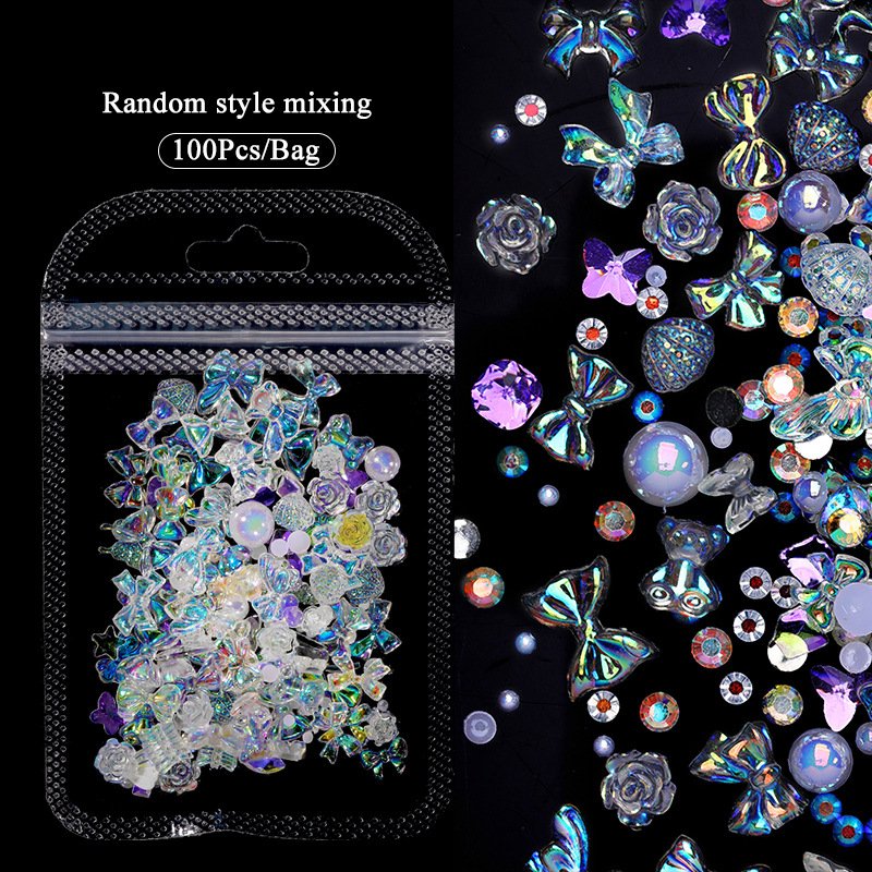 100PCS 3D Mixed Nail Decoration Heart Bear Bow Ribbon Nail Rhinestone Flower Butterfly Pearl Design Nail Art Charms Jewelry