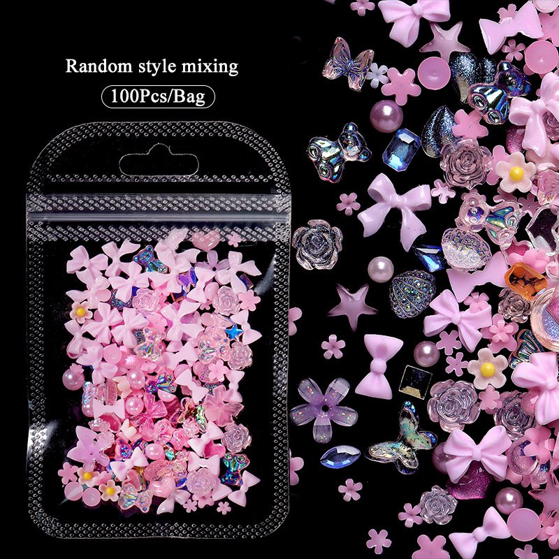 100PCS 3D Mixed Nail Decoration Heart Bear Bow Ribbon Nail Rhinestone Flower Butterfly Pearl Design Nail Art Charms Jewelry