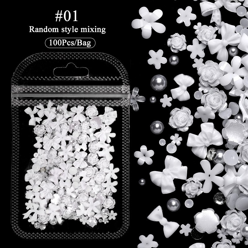 100PCS 3D Mixed Nail Decoration Heart Bear Bow Ribbon Nail Rhinestone Flower Butterfly Pearl Design Nail Art Charms Jewelry