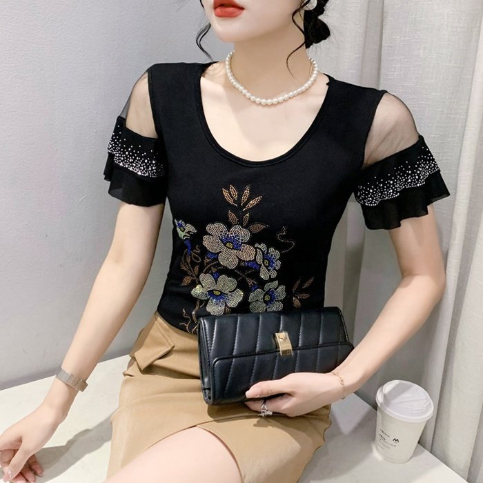 Women's Plus size Floral Print Rhinestone Shiny Sequined Clothes Slim Knit Tee Tops Nightclub Short Sleeve Shirts Party T-shirt