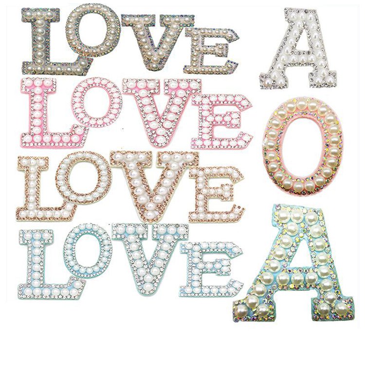 Shenglan Golden Rhinestone Pearl Letters English Alphabet Patches Cloth Sticker Garment Accessories Back with Glue pearl patches