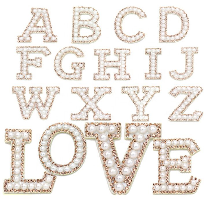 Shenglan Golden Rhinestone Pearl Letters English Alphabet Patches Cloth Sticker Garment Accessories Back with Glue pearl patches