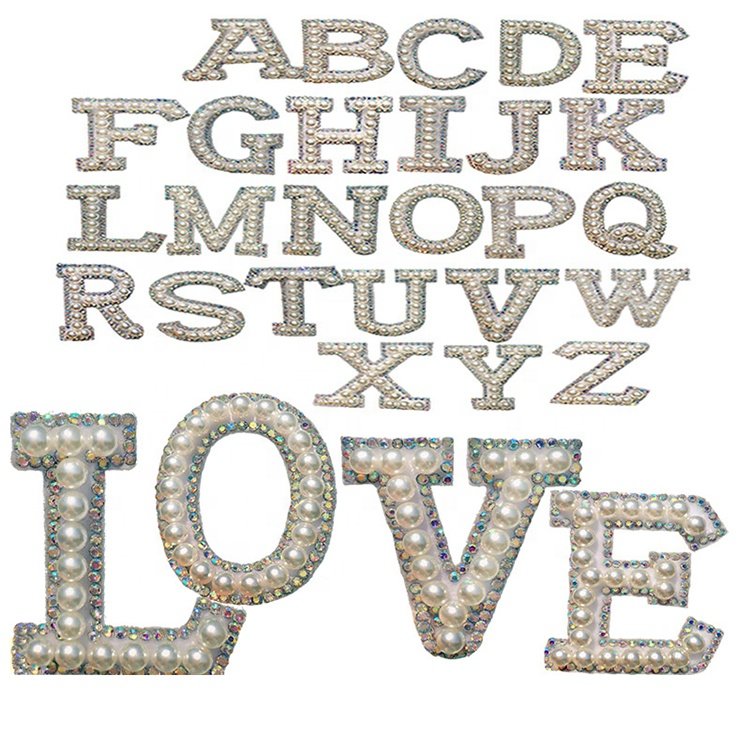 Shenglan Golden Rhinestone Pearl Letters English Alphabet Patches Cloth Sticker Garment Accessories Back with Glue pearl patches
