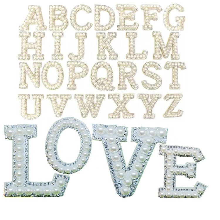 Shenglan Golden Rhinestone Pearl Letters English Alphabet Patches Cloth Sticker Garment Accessories Back with Glue pearl patches