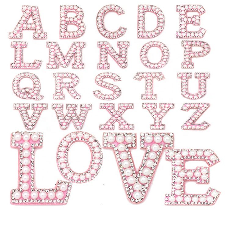 Shenglan Golden Rhinestone Pearl Letters English Alphabet Patches Cloth Sticker Garment Accessories Back with Glue pearl patches