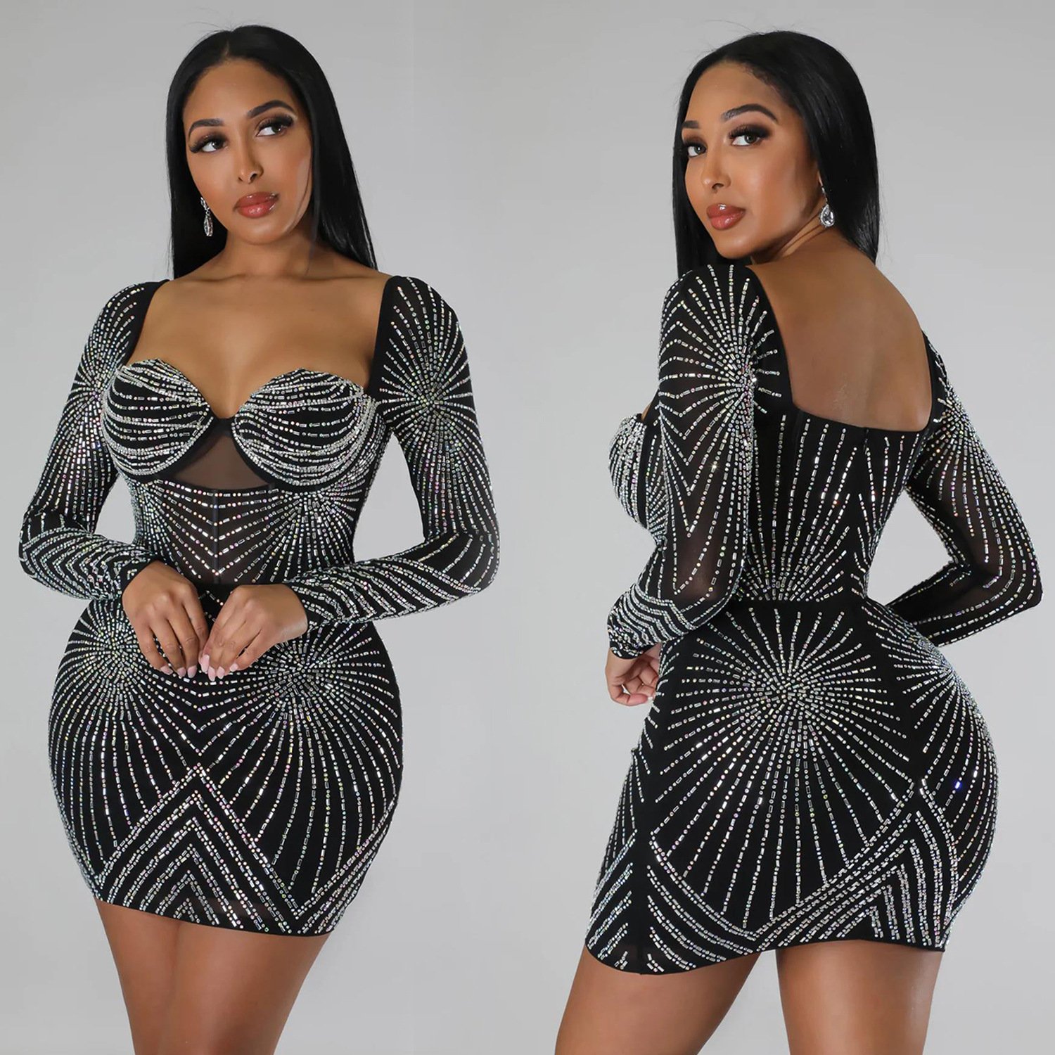 CX6243 Glitter Embellished Long Sleeve Rhinestone Club Dress Translucent Frock Bodycon Party Dresses Lady