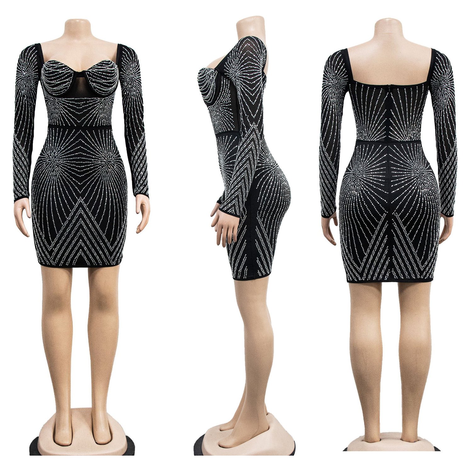 CX6243 Glitter Embellished Long Sleeve Rhinestone Club Dress Translucent Frock Bodycon Party Dresses Lady