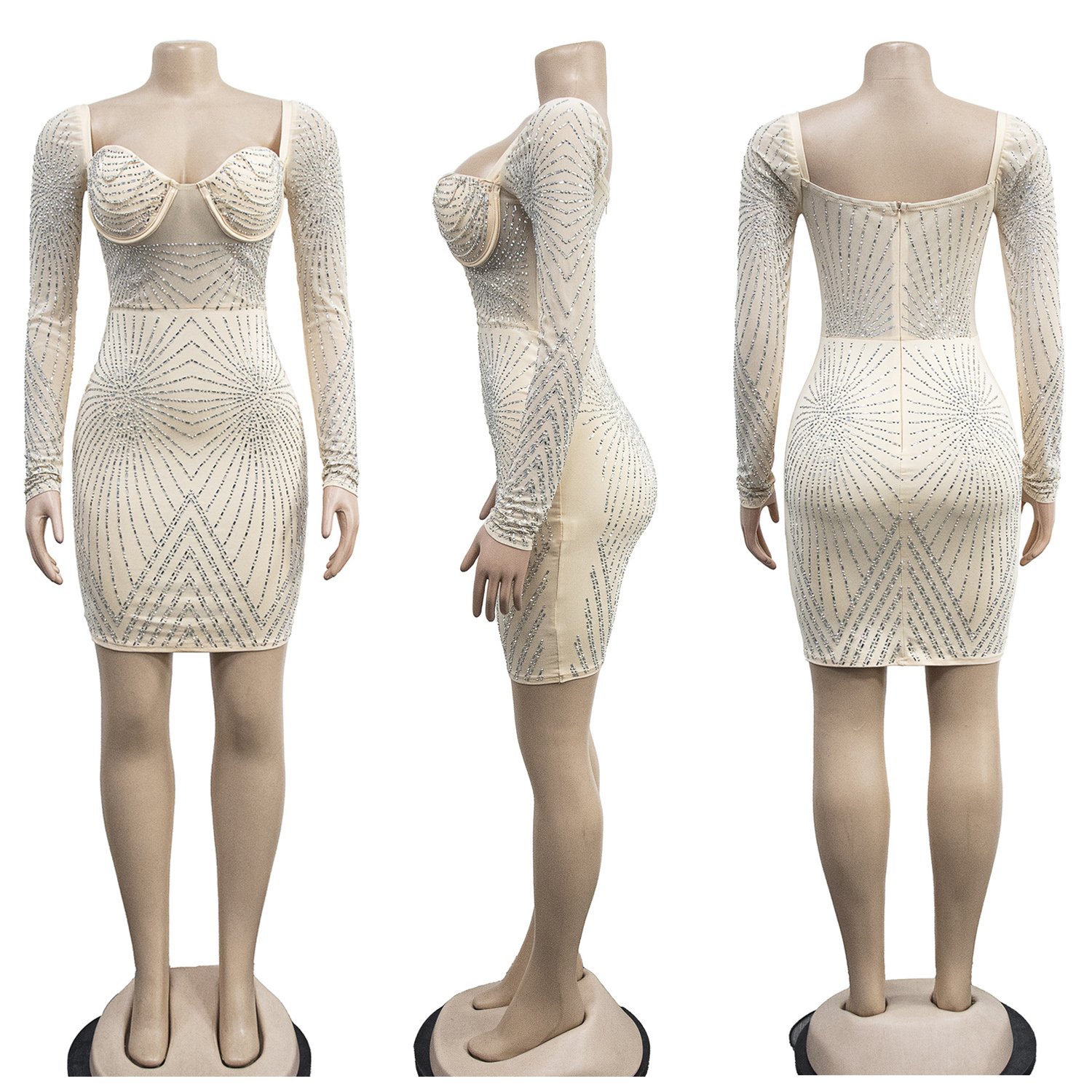 CX6243 Glitter Embellished Long Sleeve Rhinestone Club Dress Translucent Frock Bodycon Party Dresses Lady